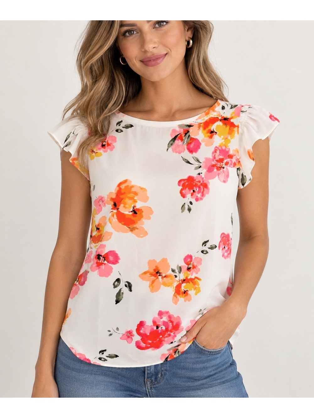 LOFT Petites XS Floral Flutter Sleeve Blouse White Pink Orange